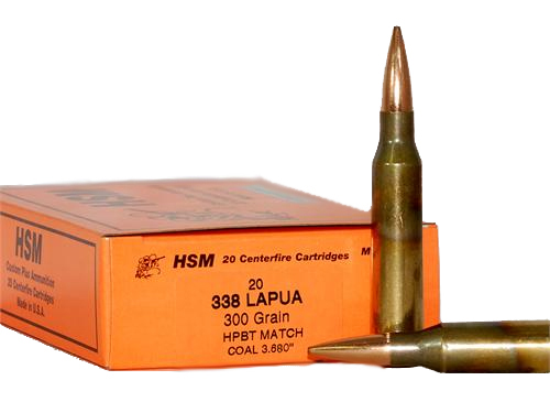 HSM Custom Plus Rifle Ammunition 338LAPUA-3-N-L, 338 Lapua, HPBT Match, Lapua Brass, 300 GR, 2735 fps, 20 Rd/bx