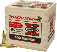 Winchester Super X Limited Edition Rimfire Ammunition 22LR400WB, 22 Long Rifle, Copper Plated Hollow Point (HP), 36 GR, 1280 fps, 400 Rd/Bx