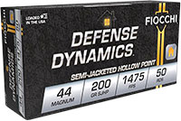 Fiocchi Shooting Dynamics Pistol Ammunition 44B, 44 Remington Mag, Jacketed Hollow Point (JHP), 200 GR, 1475 fps, 50 Rd/bx