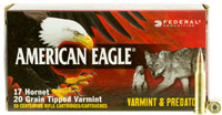 Federal American Eagle Rifle Ammunition AE17H20TVP, 17 Hornet, Tipped Varmint Point, 20 GR, 3610 fps, 50 Rd/bx