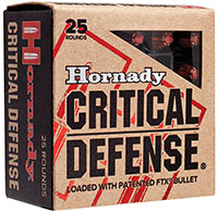 Hornady Critical Defense Pistol Ammunition 90250, 9mm, 115 GR, Flex Tip eXpanding (FTX), 25 Rd/Bx