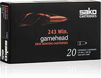 Sako Gamehead Rifle Ammunition C615113ESA10X, 243 Winchester, Spitzer-Nose Non-Bonded, 100 GR, 2969 fps, 20 Rd/bx