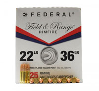 Federal Field & Range Rimfire Ammunition FR2236, 22 Long Rifle, Copper Plated HP, 36 GR, 1260 fps, 525 Rd/b