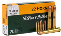 Sellier & Bellot Rifle Ammuntion SB22HB, 22 Hornet, Soft Point (SP), 45 GR, 2346 fps, 20 Rd/bx