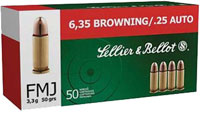 Sellier & Bellot Pistol Ammuntion SB25A, 25 ACP, Full Metal Jacket (FMJ), 50 Gr, 760 fps, 50 Rd/bx