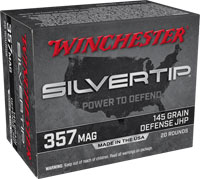 Winchester Supreme Elite Defense Ammunition W357ST, 357 Magnum, SilverTip Jacketed Hollow Point (JHP), 145 GR, 1290 fps, 20 Rd/bx