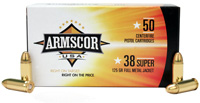 Armscor Precision Pistol Ammunition ARM38SUPER130GRFMJBX, 38 Super, Full Metal Jacket (FMJ), 130 GR, 50 Rd/bx