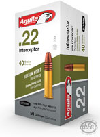 Aquila Interceptor Rifle Ammunition 1B222321, 22 Long Rifle, Hollow Point (HP), 40 GR, 1470 fps, 50 Rd/bx