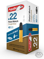 Aguila Match Rimfire Pistol Ammunition 1B222516, 22 Long Rifle, Lead Round Nose, 40 GR, 1080 fps, 50 Rd/bx