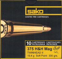 Sako Twinhead II Rifle Ammunition PC39480D, 375 H&H Mag, Swift A-Frame, 300 GR, 10 Rd/bx