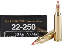 Black Hills Gold Rifle Ammunition 22250BHGN1, 22-250 Remington, Hornady V-MAX, 50 GR, 3700 fps, 20 Rd/bx