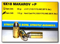 Buffalo Bore Handgun Ammunition 34B/20, 9x18mm +P (9mm Makarov), Hard Cast Flat Nose (FN), 115 GR, 1000 fps, 20 Rd/Bx