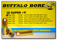 Buffalo Bore Handgun Ammunition 33A/20, 38 Super +P, Jacketed Hollow Point (JHP), 115 GR, 1450 fps, 20 Rd/Bx