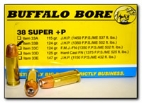 Buffalo Bore Handgun Ammunition 33B/20, 38 Super +P, Jacketed Hollow Point (JHP), 124 GR, 1350 fps, 20 Rd/Bx