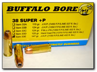 Buffalo Bore Handgun Ammunition 33E/20, 38 Super +P, Jacketed Hollow Point (JHP), 147 GR, 1150 fps, 20 Rd/Bx