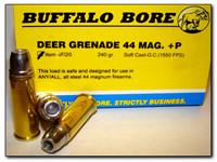 Buffalo Bore Handgun Ammunition 4F/20, 44 Magnum +P, Soft Cast Gas-checked, 240 GR, 1550 fps, 20 Rd/Bx