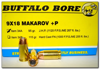 Buffalo Bore Handgun Ammunition 34A/20, 9x18mm +P (9mm Makarov), Jacketed Hollow Point (JHP), 95 GR, 1125 fps, 20 Rd/Bx