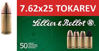 Sellier & Bellot Pistol Ammuntion SB762TOK, 7.62MM X 25MM Tokarev, Full Metal Jacket (FMJ), 85 GR, 1650 fps, 50 Rd/bx