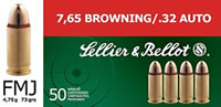 Sellier & Bellot Pistol Ammuntion SB32A, 32 ACP, Full Metal Jacket (FMJ), 73 GR, 1043 fps, 50 Rd/bx