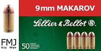 Sellier & Bellot Pistol Ammuntion SB9MAK, 9x18mm (9mm Makarov), Full Metal Jacket (FMJ), 95 GR, 1050 fps, 50 Rd/bx