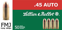 Sellier & Bellot Pistol Ammuntion SB45GAP, 45 GAP, Full Metal Jacket (FMJ), 230 GR, 940 fps, 50 Rd/bx