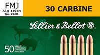 Sellier & Bellot Rifle Ammuntion SB30A, 30 Carbine, Full Metal Jacket (FMJ), 110 GR, 1991 fps, 50 Rd/bx