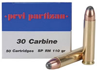 Prvi Partizan Rifle Ammunition PP3.1, 30 Carbine,  Soft Point (SP), 110 GR, 2001 fps, 20 Rd/bx