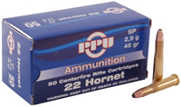 Prvi Partizan Rifle Ammunition PP2, 22 Hornet,  Soft Point (SP), 45 GR, 2427 fps, 50 Rd/bx