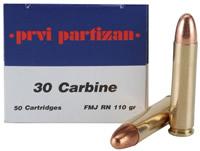 Prvi Partizan Rifle Ammunition PP3, 30 Carbine, Full Metal Jacket (FMJ), 110 GR, 2001 fps, 20 Rd/bx