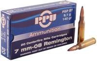 Prvi Partizan Rifle Ammunition PP7.08, 7MM-08, Pointed Soft Point Boat-tail, 140 GR, 2854 fps, 20 Rd/bx