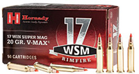 Hornady Rimfire Rifle Ammunition 83180, 17 Winchester Super Magnum, V-MAX, 20 GR, 3000 fps, 50 Rd/bx