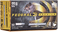 Federal Premium Hunter Match Rimfire Ammunition 720, 22 Long Rifle, Hollow Point, 40 GR, 1200 fps, 50 Rd/bx