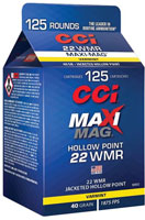 CCI Maxi-Mag Rimfire Ammunition 920CC, 22 WMR, JHP, 40 Gr, 1875 fps, 125 Rds/Carton