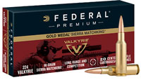 Federal Gold Medal Rifle Ammunition GM224VLK1, 224 Valkyrie, Sierra MatchKing BTHP, 90 GR, 2700 FPS, 20 Rds/Bx