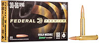 Federal Premium Gold Medal Rifle Ammunition GM3006M, 30-06 Springfield, Sierra MatchKing BTHP, 168 GR, 2700 fps, 20 Rd/bx