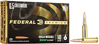 Federal Premium Gold Medal Rifle Ammunition GM65CRD1, 6.5 Creedmoor, Sierra Matchking, 140 GR, 2675 fps, 20 Rd/Bx