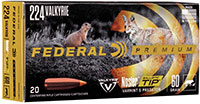 Federal Premium Varmint Rifle Ammunition P224VLKBT1, 224 Valkyrie, Nosler Ballistic, 60 GR, 3300 FPS, 20 Rds/Bx