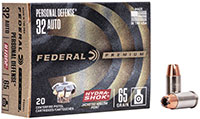 Federal Premium Vital-Shok Pistol Ammunition P32HS1, 32 ACP, Hydra-Shok JHP (JHP), 65 GR, 950 fps, 20 Rd/bx