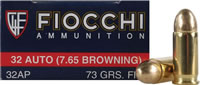 Fiocchi Shooting Dynamics Pistol Ammunition 32AP, 7.65 Browning (32 ACP), Full Metal Jacket (FMJ), 73 GR, 1000 fps, 50 Rd/bx