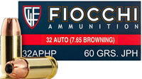 Fiocchi Shooting Dynamics Pistol Ammunition 32APHP, 32 ACP (7.65 Browning), Jacketed Hollow Point (JHP), 60 GR, 1100 fps, 50 Rd/bx