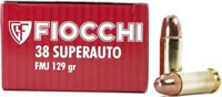 Fiocchi Shooting Dynamics Pistol Ammunition 38SA, 38 Super Auto, FMJ, 129 GR, 1180 fps, 50 Rd/bx