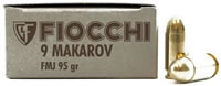 Fiocchi Shooting Dynamics Specialty Pistol Ammunition 9MAK, 9x18mm (9mm Makarov), Metal Case (MC), 95 GR, 1020 fps, 50 Rd/bx