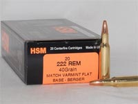 HSM Varmint Gold Rifle Ammunition 222REM40MVFB, 222 Remington, Berger Match Varmint Flat Base, 40 GR, 3357fps, 20 Rd/bx