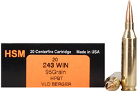 HSM Trophy Gold Rifle Ammunition 24395VLD, 243 Winchester, Berger Hunting VLD, 95 GR, 3174 fps, 20 Rd/bx