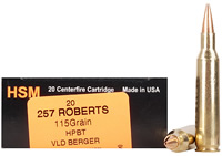 HSM Trophy Gold Rifle Ammunition 257R115VLD, 257 Roberts, Berger Hunting VLD, 115 GR, 2955 fps, 20 Rd/bx