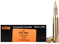 HSM Trophy Gold Rifle Ammunition 270130VLD, 270 Winchester, Berger Hunting VLD, 130 GR, 3091 fps, 20 Rd/bx