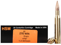 HSM Trophy Gold Rifle Ammunition 270150VLD, 270 Winchester, Berger Hunting VLD, 150 GR, 3048 fps, 20 Rd/bx