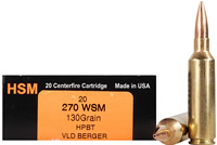 HSM Trophy Gold Rifle Ammunition 270WSM130VLD, 270 WSM, Berger Hunting VLD, 130 GR, 3238 fps, 20 Rd/bx