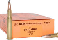 HSM Custom Plus Rifle Ammunition 30-40KRAG-5, 30-40 Krag, Boattail Soft Point (SP), 165 GR, 2350 fps, 20 Rd/bx