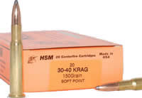 HSM Custom Plus Rifle Ammunition 30-40KRAG-7, 30-40 Krag, Soft Point (SP), 150 GR, 2350 fps, 20 Rd/bx